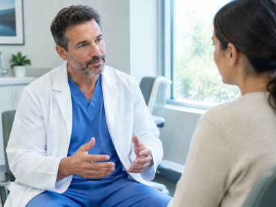 Surgeon consulting with patient in modern clinic