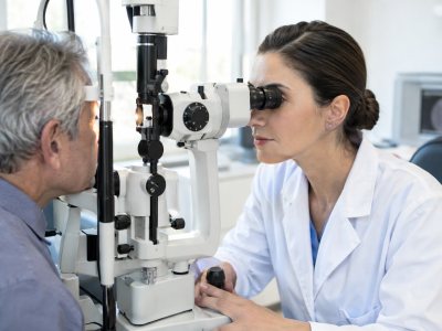 Ophthalmologist examining patient eyes with advanced equipment
